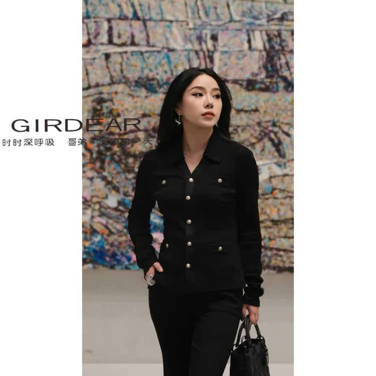 哥弟春夏新款时尚优雅气质修身显瘦翻领弹力小香风衬衫女1300952