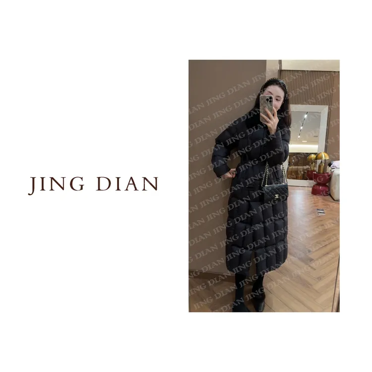 【TT-JING DIAN】黑色翻领小竖格长款腰带安心羽绒服2030  中长款