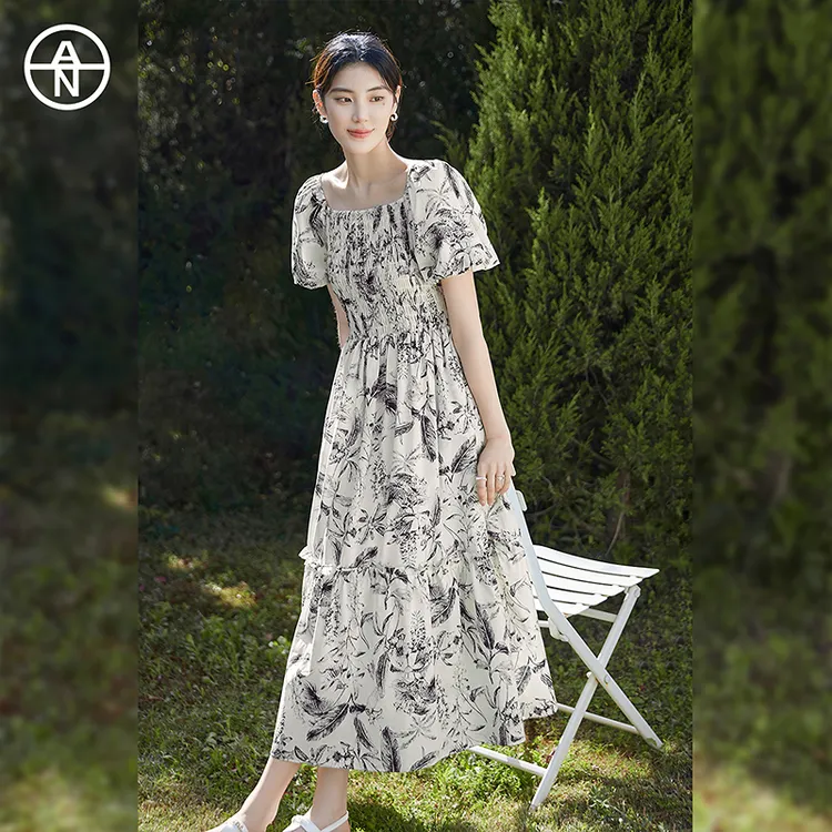 【陈西贝专属】AN大码女装国风水墨印花连衣裙夏季胖mm收腰显瘦裙子