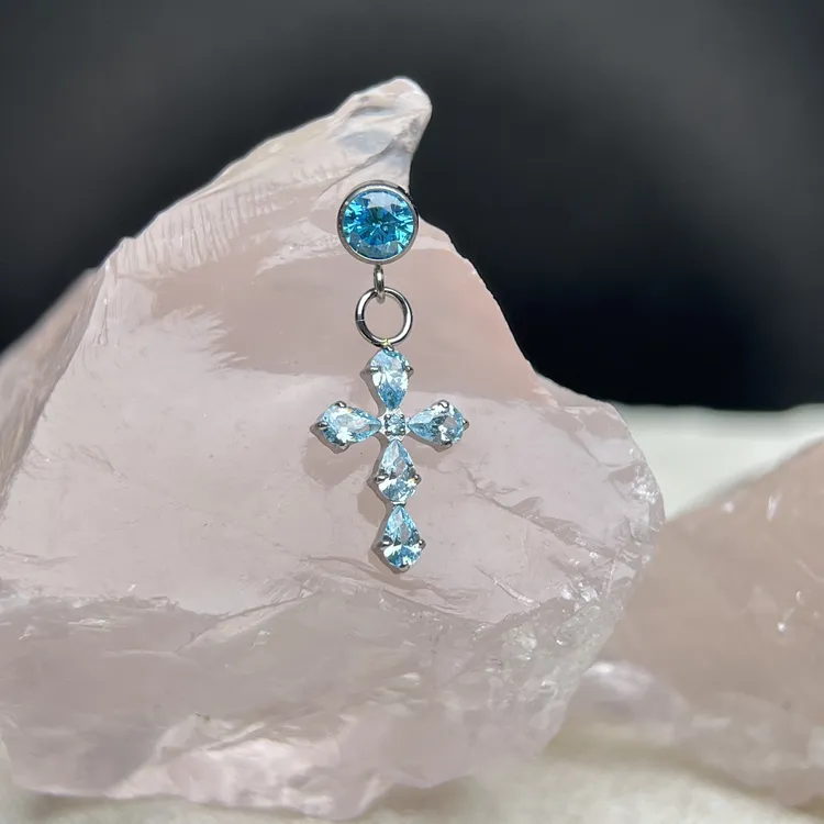 钛合金锆石耳饰 F136钛合金水滴十字架吊坠耳垂甜酷风内螺旋耳钉