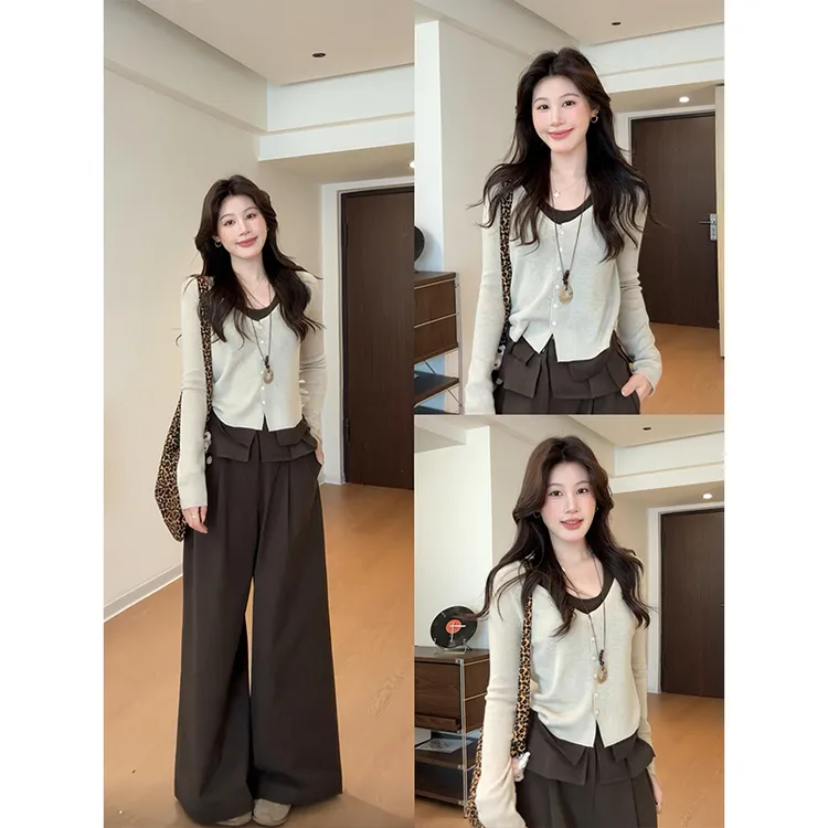 MARIE.COCO韩系风撞色假两件长袖针织衫上衣女秋季新款阔腿休闲裤