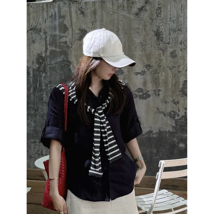 【林顿山学院】“99亚麻”极简松弛小V领百搭透气两穿长袖衬衫21737