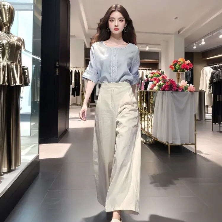 洋气浅蓝色圆领衬衫套装2025新款夏季高腰休闲气质阔腿裤两件套潮