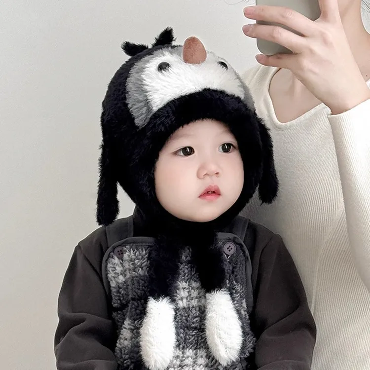 宝宝帽子秋冬季保暖会叫企鹅毛绒一体男童女婴幼儿可爱防风护耳帽