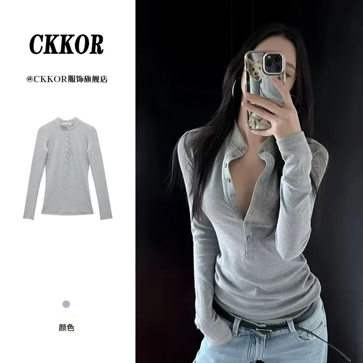 CKKOR显瘦气质慵懒风半开领打底衫女内搭春秋新款修身高级感穿搭