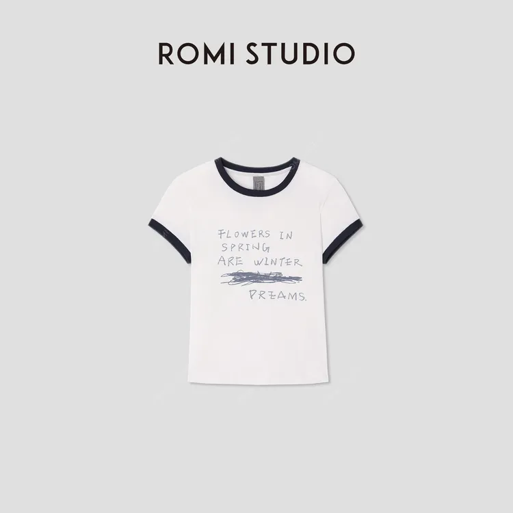 ROMI STUDIO“简约复古”涂鸦印花撞色全棉圆领短袖T恤 RWCRSY3027