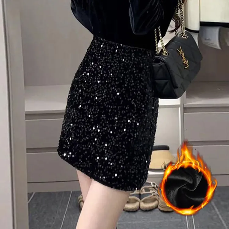高腰短裙半身裙韩版亮片A字短裙加绒百搭洋气时尚包臀小黑裙裙子