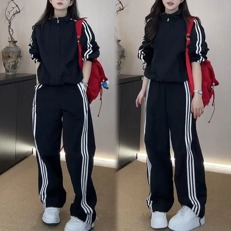 网红洋气炸街运动套装女2025年春秋新款条纹卫衣外套阔腿裤两件套