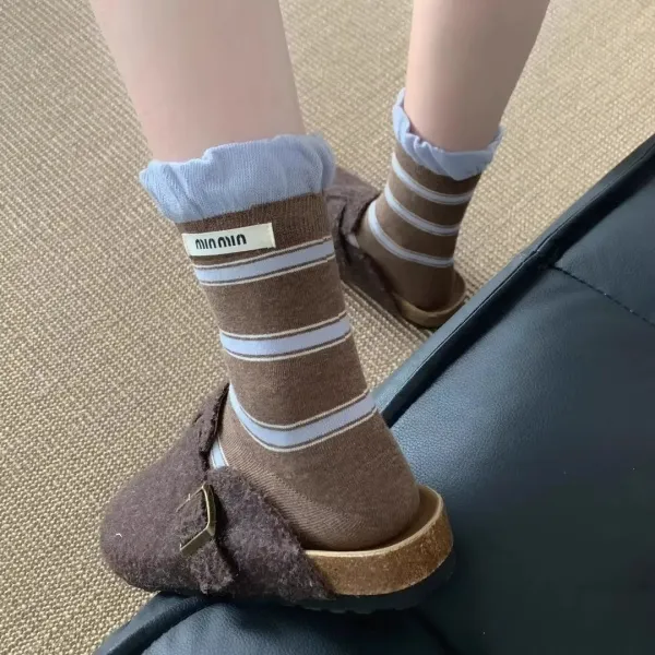 黑色无骨堆堆袜女款爆款2025新款韩系泡泡口条纹秋冬纯棉中筒袜子