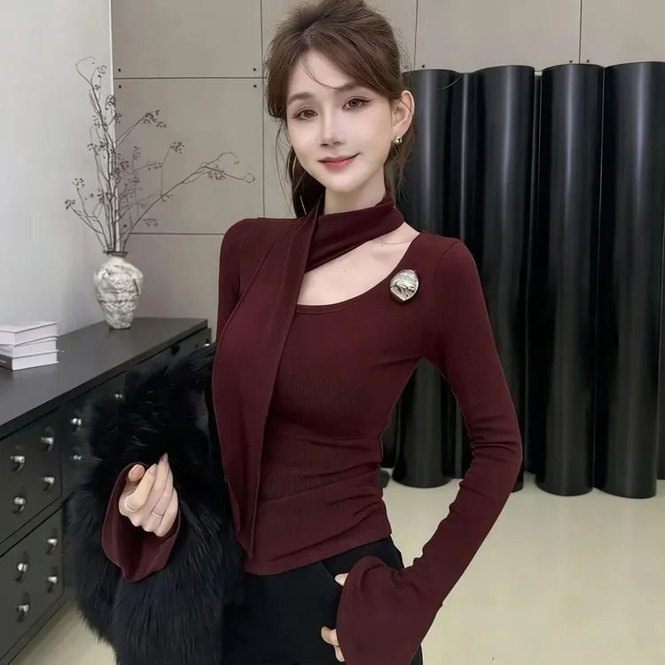 韩版甜酷辣妹风飘带立体装饰设计感修身显瘦百搭加绒露锁骨上衣女
