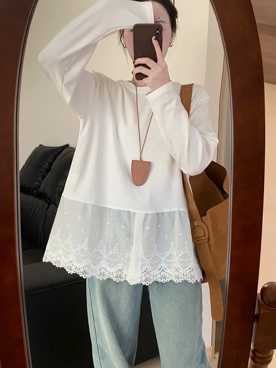 秋冬新款拼接宽松纯棉开叉花边白t恤百搭休闲显瘦磨毛上衣服内搭
