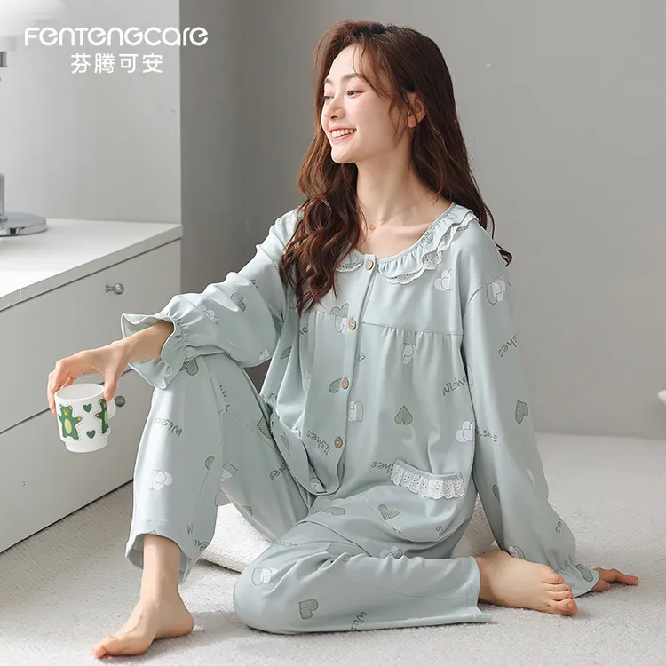 芬腾可安长袖睡衣女春秋款纯棉女款长袖开衫可外穿休闲家居服套装