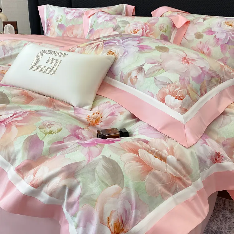 水星高端系列家纺高端类长绒棉花卉床上四件套纯棉全棉支床单被套