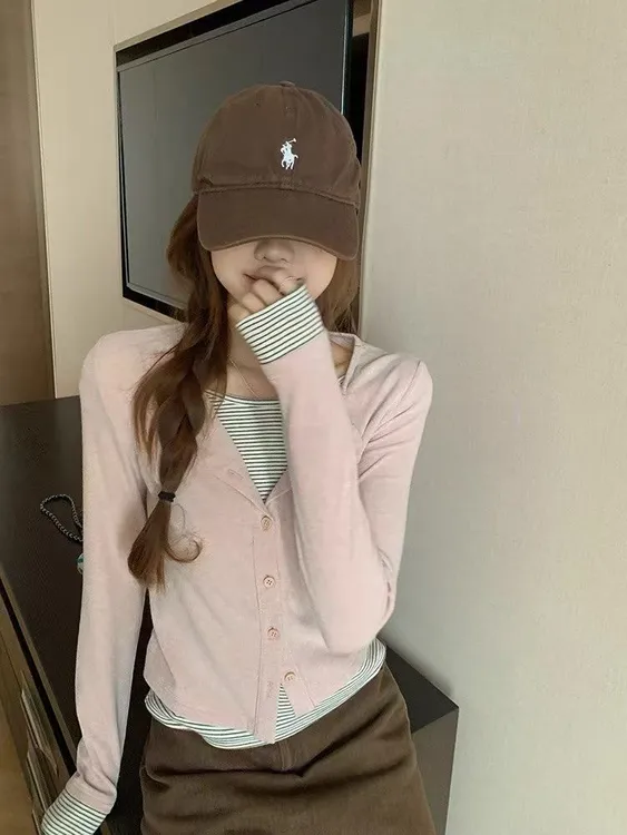 韩系条纹拼接假两件设计感秋季慵懒风显瘦长袖女上衣