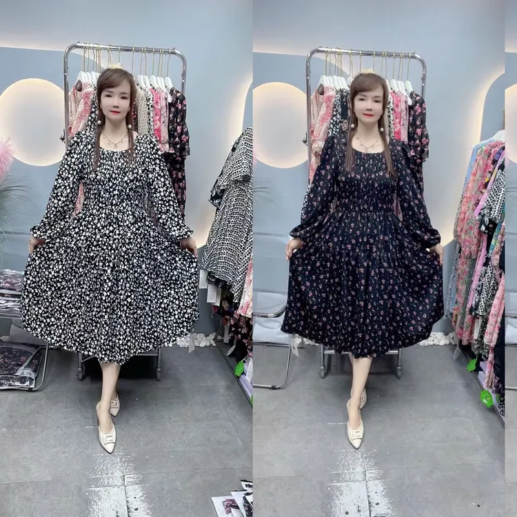 韩版收腰显瘦圆领南韩中长连衣裙