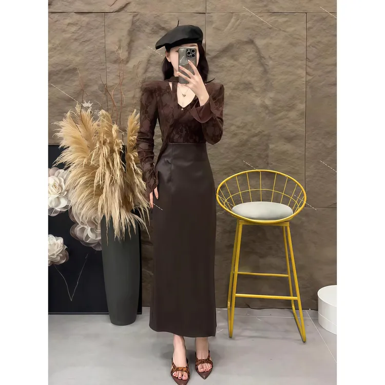 性感御姐风荡领挂脖衬衫女早秋新款修身长袖T恤上衣+皮裙半身裙子