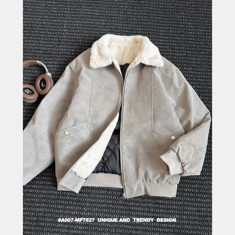 冬季羊羔绒加绒棉服男士保暖复古短款百搭皮毛一体PU皮夹克棉衣