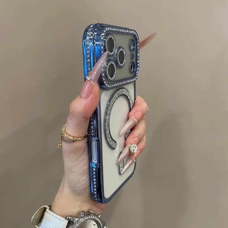奢华闪粉护镜磁吸镶钻边适用iPhone17pro手机壳16高级15pm电镀14