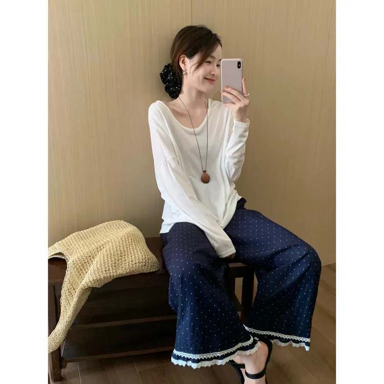 2025新款夏季套装白色宽松短袖T恤女慵懒松弛感花边波点休闲裤