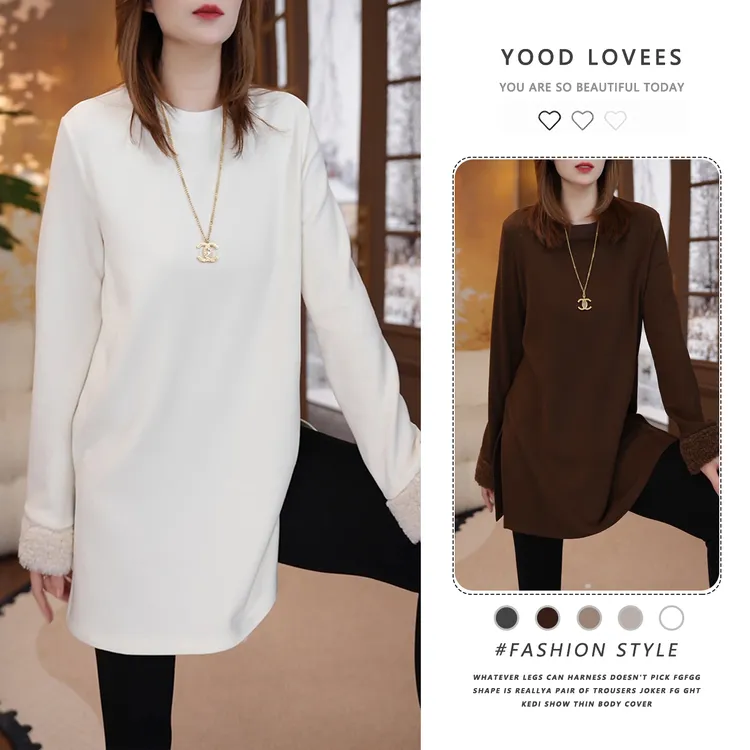 中长款开叉圆领长袖t恤女2025新款冬季简约宽松设计感上衣T恤潮