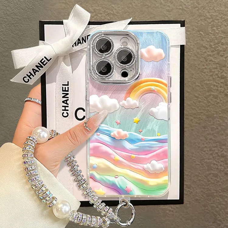 彩虹云手链适用苹果15vivo华为oppo小米iPhone14精孔羽纱纹手机壳