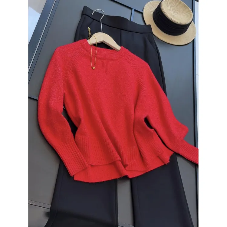 走欧美！圆领插肩长袖宽松针织前短后长毛衣