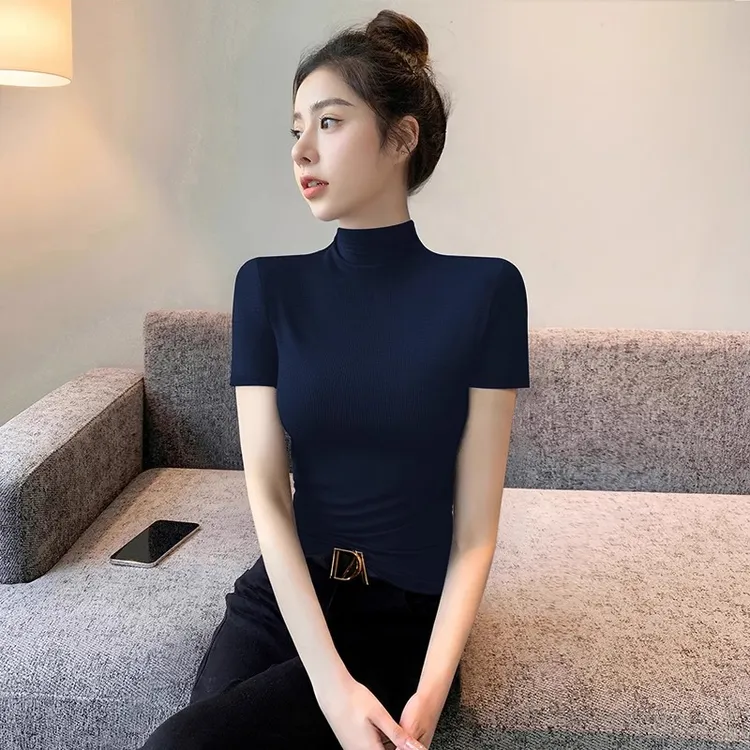 韩系半高领短袖t恤女夏季2025新款内搭打底半袖修身针织洋气上衣