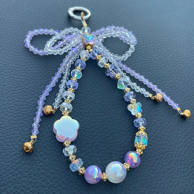新款蝴蝶结紫水晶串珠手机链轻奢小众仙女紫女款手工通用