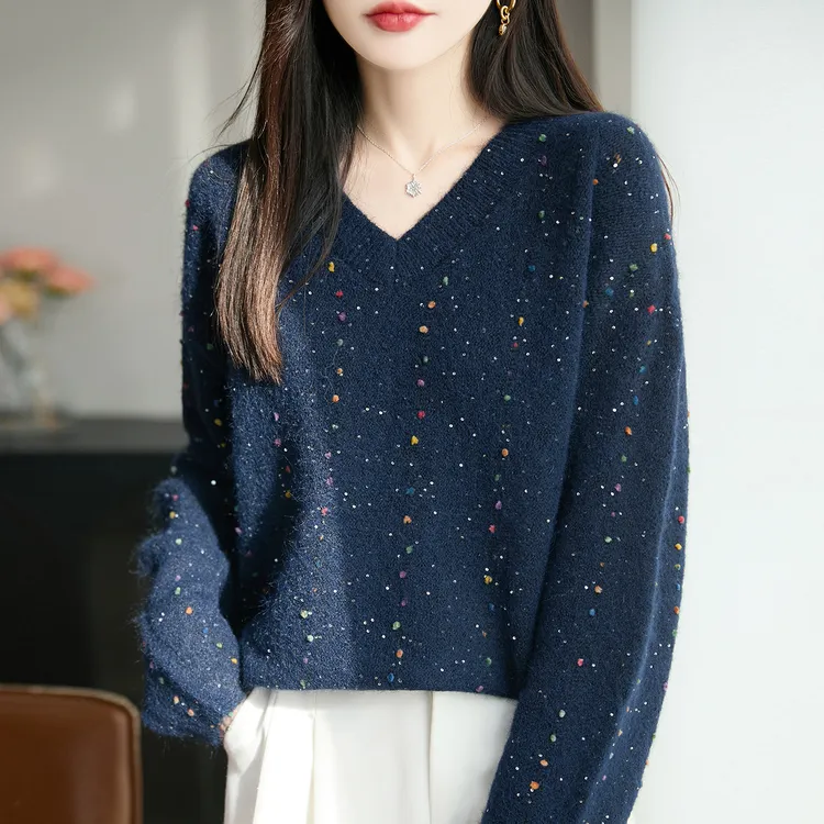 V领蓝色纯100羊毛衫女秋冬新款慵懒风宽松显瘦毛衣内搭羊绒打底衫