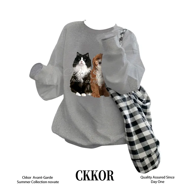 CKKOR韩版慵懒风时尚潮流秋季圆领卫衣出游服装女宽松打底衫上衣 