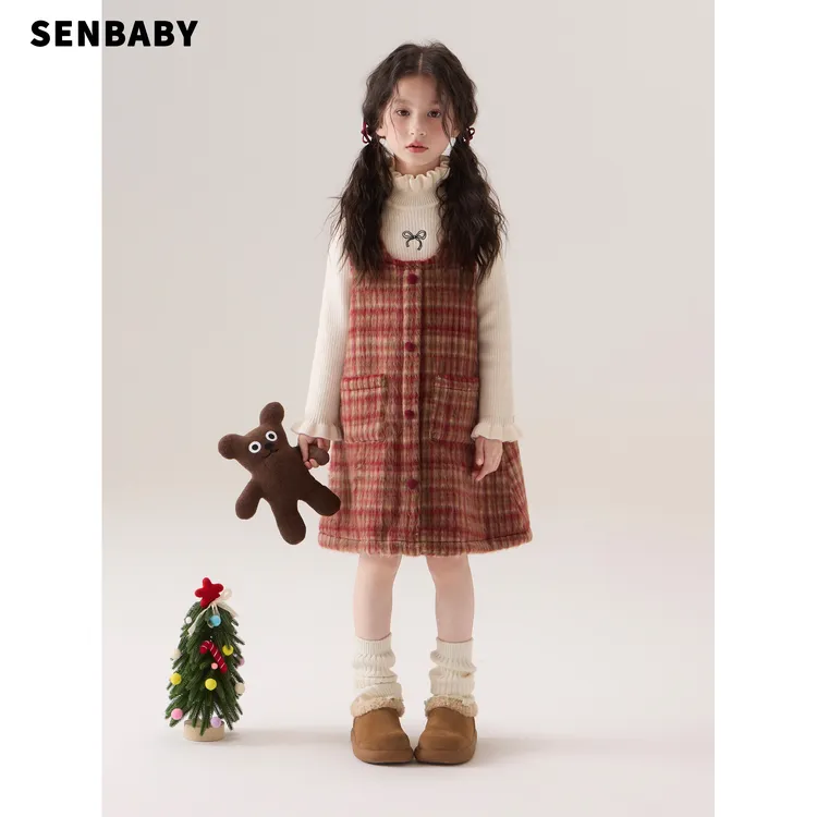 senbaby童装女童冬季加绒背心裙新年圣诞长毛呢背带裙无袖格子裙