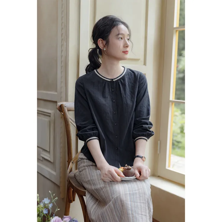 红念黑色纯棉衬衫女长袖宽松休闲2025年秋季新款女装气质春秋上衣