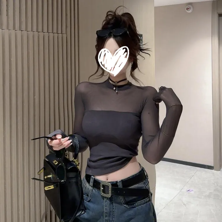 纯欲辣妹长袖T恤女2025早秋新款韩版设计感网纱拼接性感打底上衣