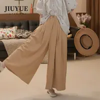 九月Oni【浮生记】卡其色苎麻阔腿裤松紧腰九分裤女C119A25
