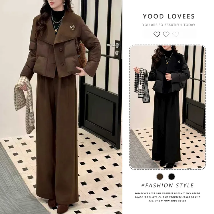 2025冬季新款设计高级感针织拼接棉服外套女休闲直筒裤保暖两件套