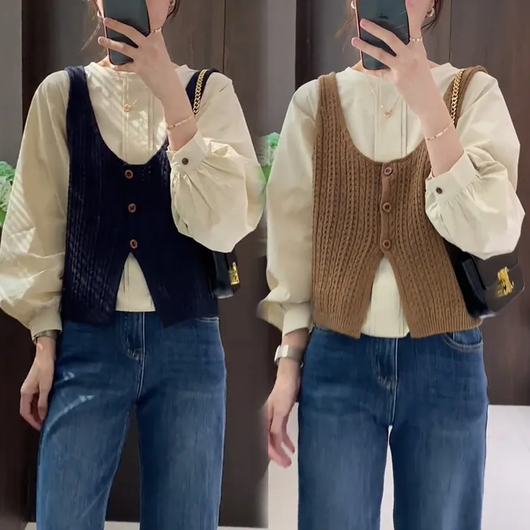 韩版减龄上衣套装女2025秋季新款吊带背心针织衫马甲宽松圆领衬衫