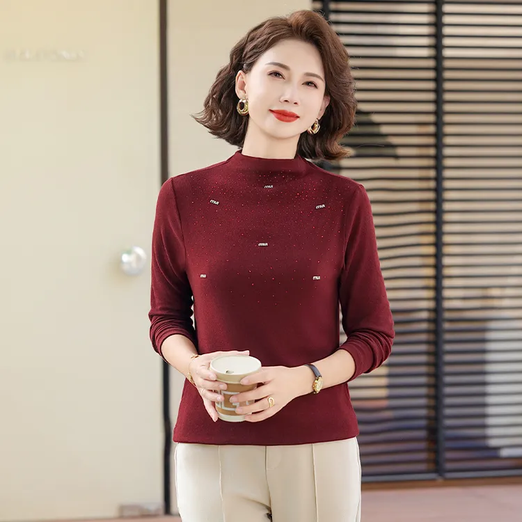 秋季新款气质女装半高领长袖上衣中老年人妈妈百搭修身T恤打底衫