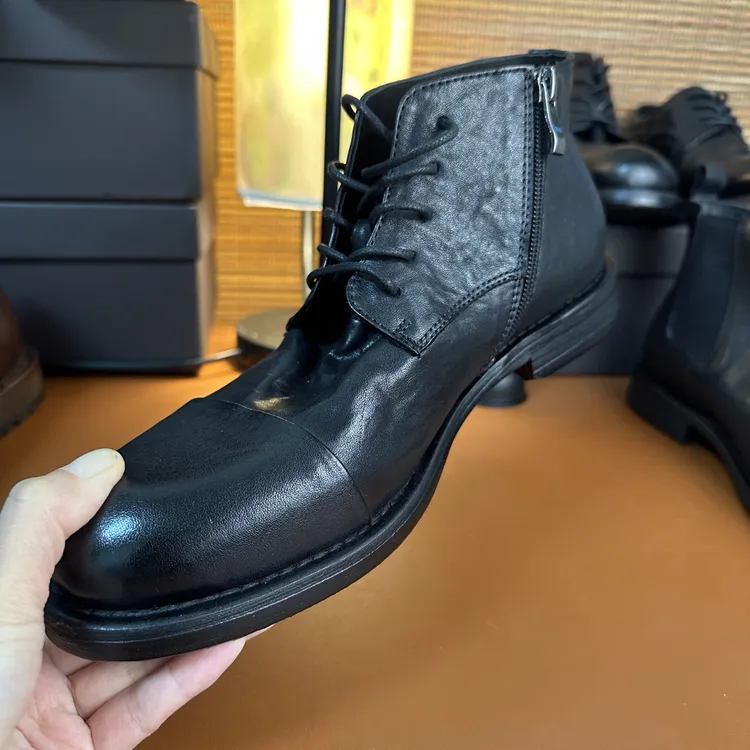 马皮手工固特异三接头侧拉链中帮系带英伦风商务休闲男靴
