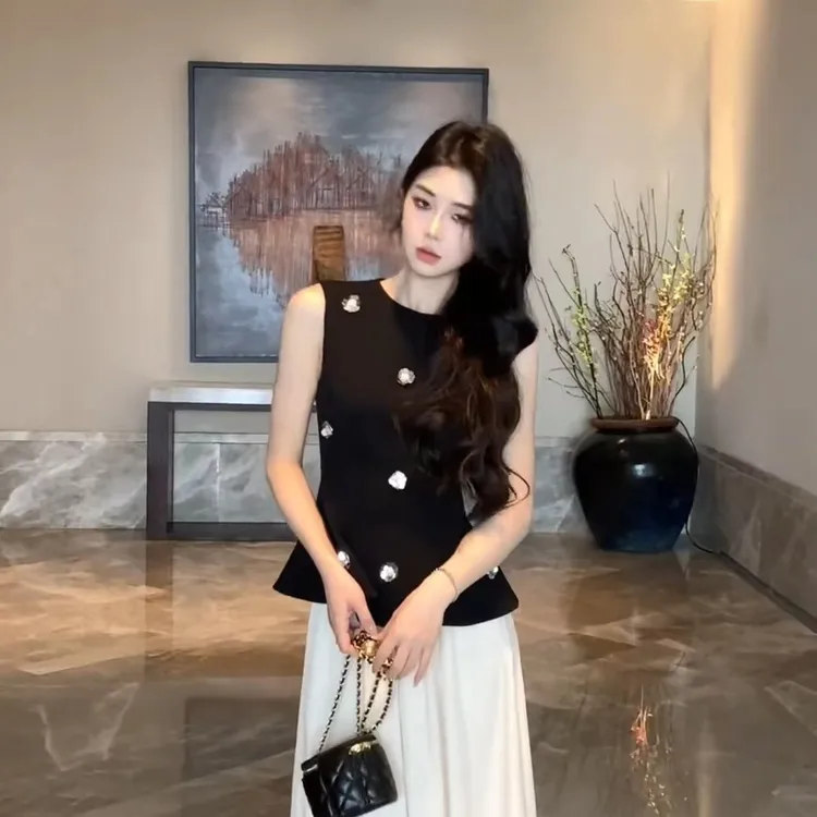 夜影花语春夏季新款无袖黑色背心修身气质收腰半裙套装