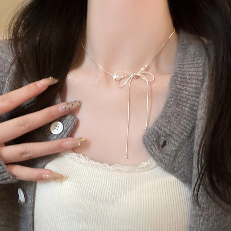 合金项链 超美ins蝴蝶结项链轻奢小众女锁骨链爆款颈链蛇骨链配饰