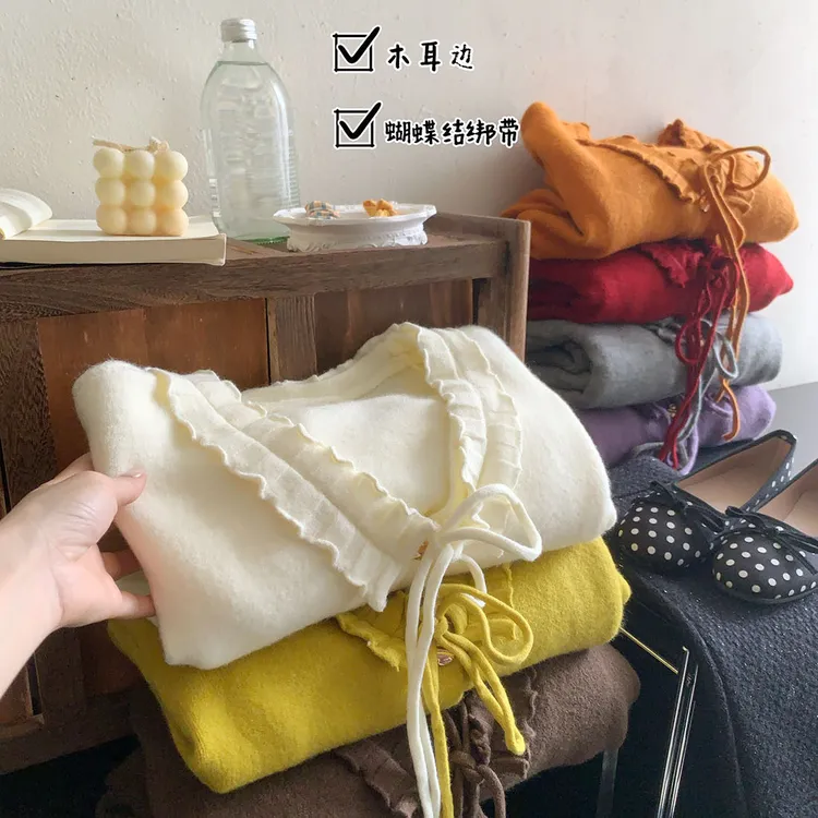 甜美减龄木耳边系带V领针织开衫女冬季韩版洋气宽松百搭软糯毛衣