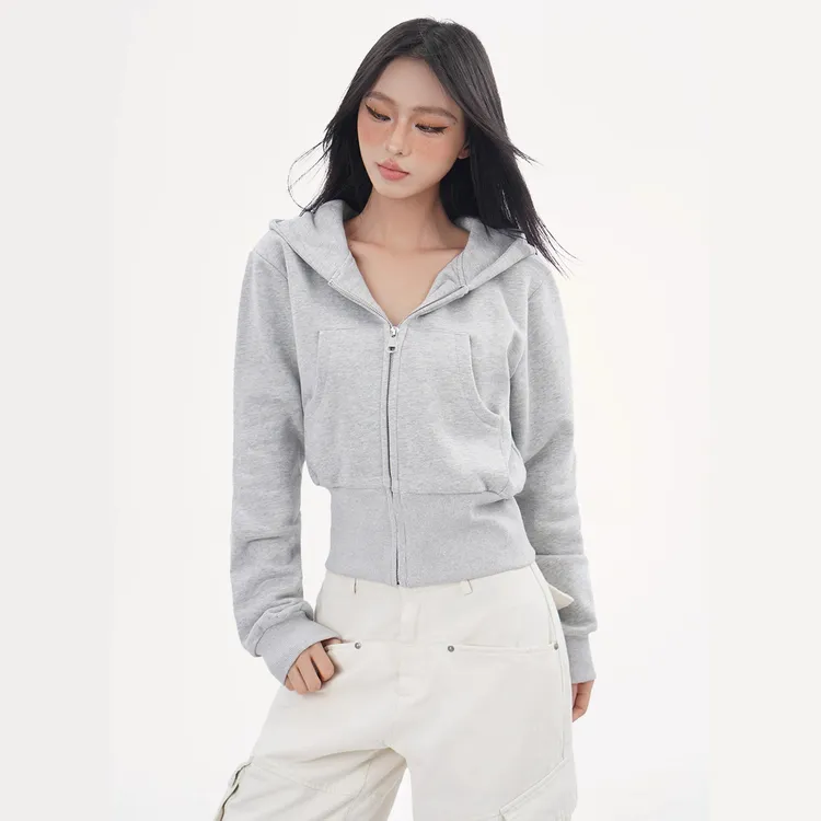 美式高街灰色拉链开衫连帽卫衣女秋冬小个子短款叠穿百搭运动外套