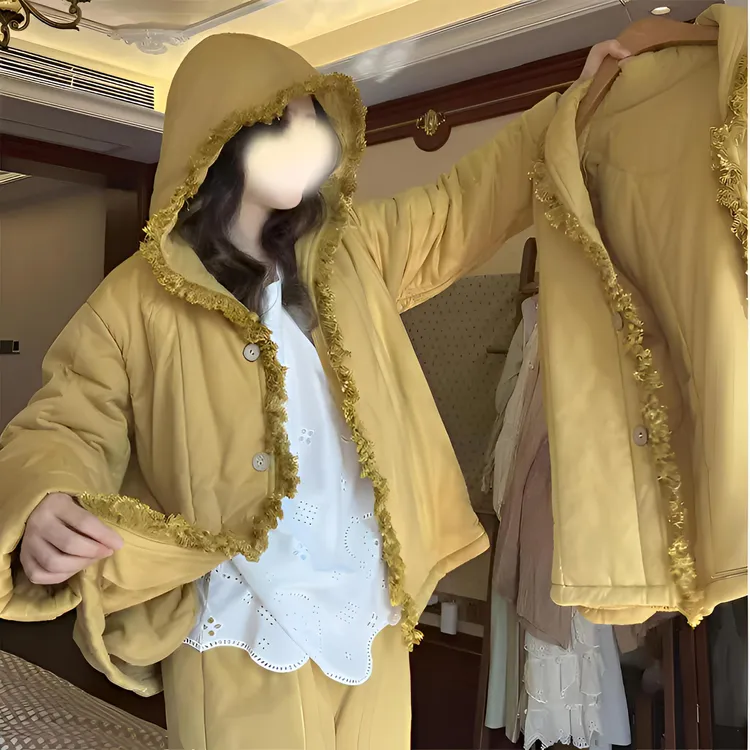 韩版纯色流苏夹棉连帽睡衣女秋冬款加厚大码棉服家居服套装可外穿