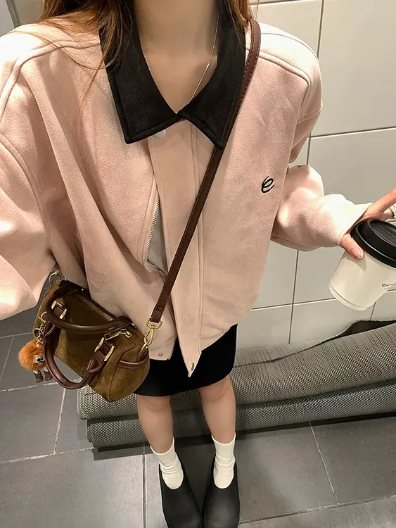 美式复古翻领外套设计感刺绣宽松棒球服夹克上衣