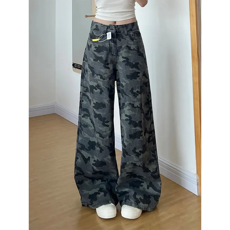美式复古辣妹迷彩休闲牛仔裤女2025夏季新款低腰百搭阔腿拖地长裤