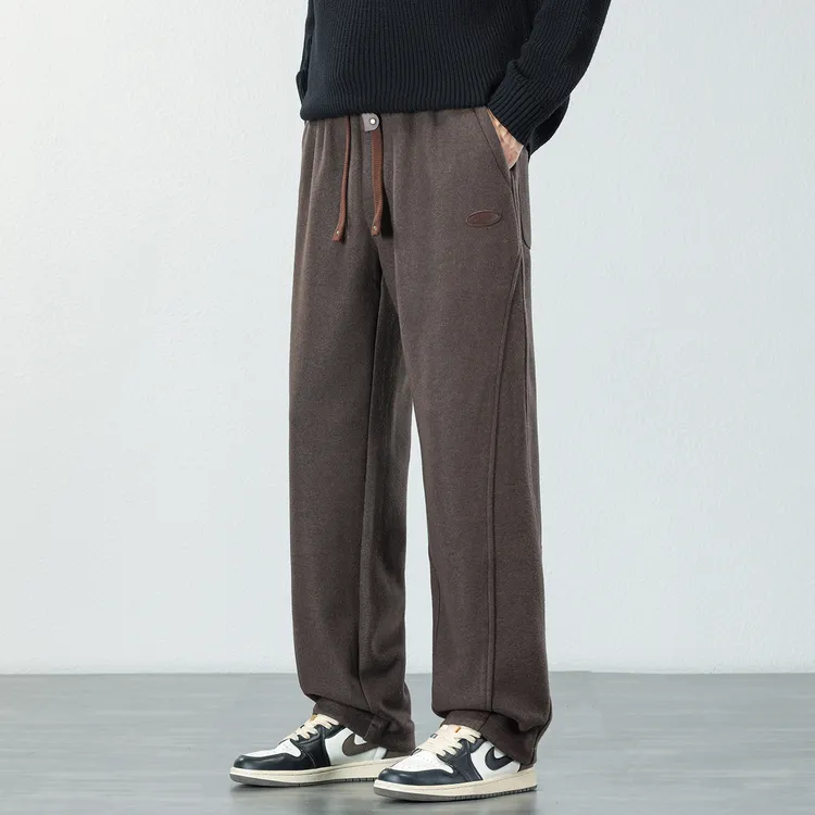 2025秋冬季仿羊毛保暖休闲裤男士宽松直筒卫裤纯色百搭阔腿长裤潮