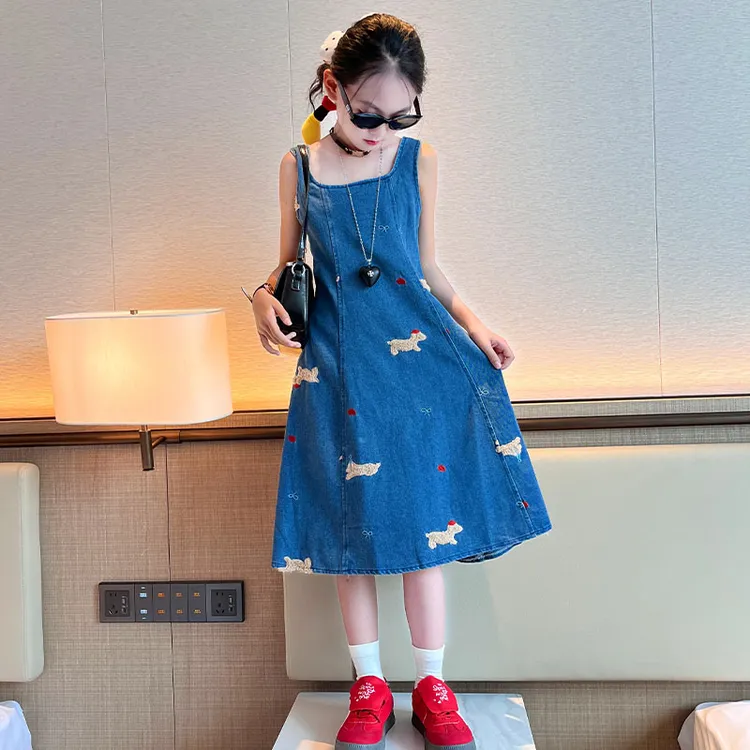 女童夏季牛仔吊带裙2025新款女孩中大童无袖背心A字连衣裙6-12岁