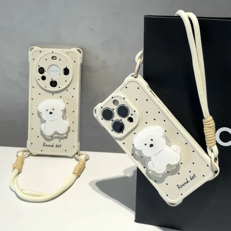 波点小狗支架双挂绳适用iPhone苹果16手机壳华为p70vivoppo小米15