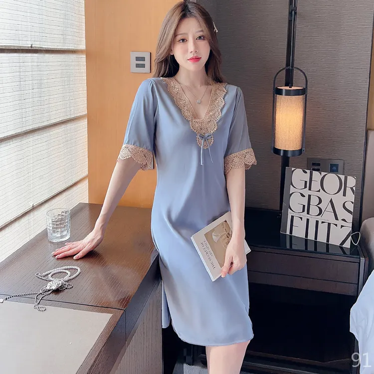 春夏款新款丝绸睡衣女性感冰丝睡裙蕾丝花边短袖连衣裙女士家居服