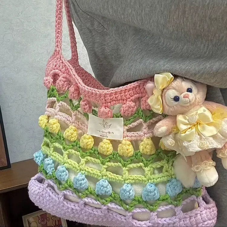手工编织春日镂空彩虹郁金香成品包材料单肩小包毛线礼物手提包